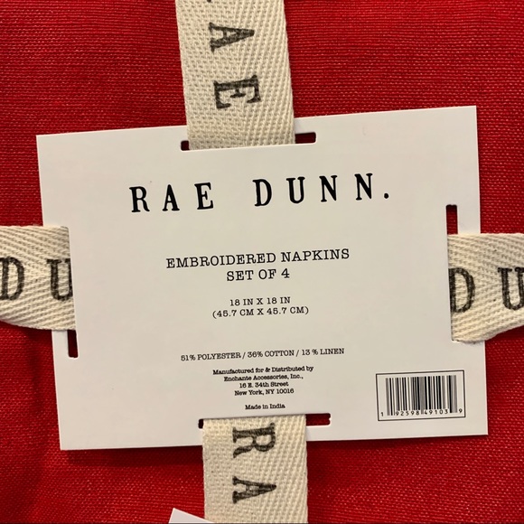 Rae Dunn 4 pack Red Fabric Embroidered Napkins - Picture 3 of 4